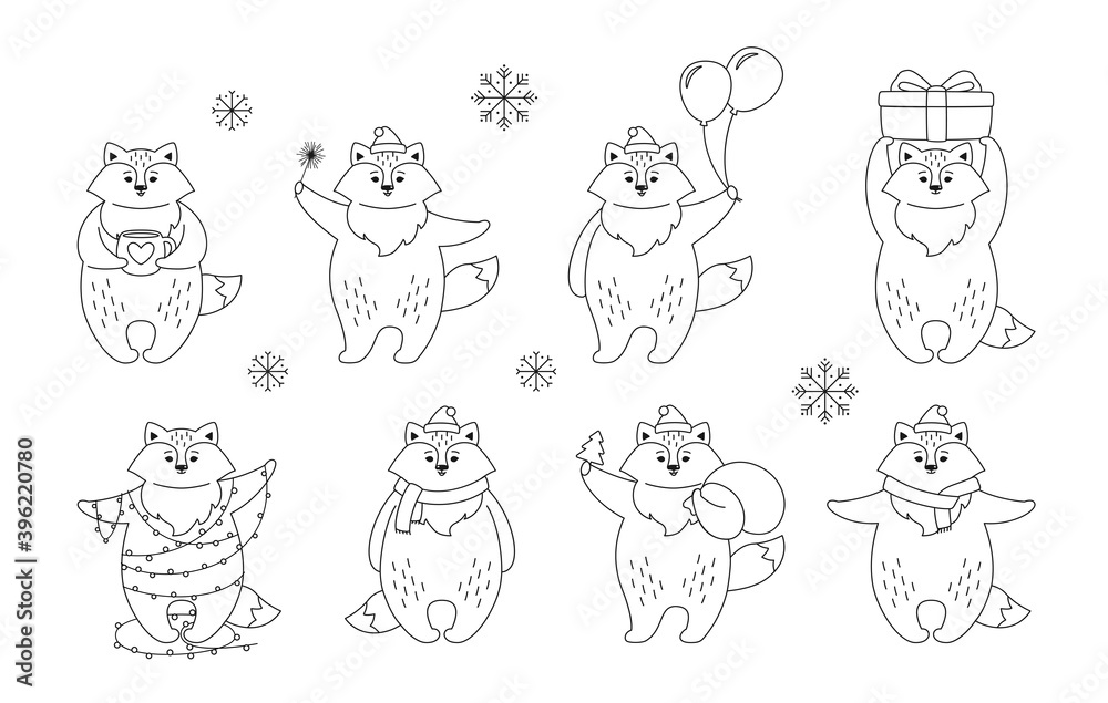 Christmas cartoon fox black linear set. New Year red foxes collection. Animal character with santa hat, with gift box and santa bag or garland. Forest Christmas animal on white background Christmas cartoon fox black linear set. New Year red foxes collection. Animal character with santa hat, with gift box and santa bag or garland. Forest Christmas animal on white background