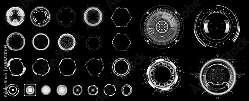 Circle HUD elements for UI, UX, GUI. Set abstract digital circular shapes. Sky-fi interface objects, hologram VR gadgets round, spiral and other elements of the interface HUD. Vector flat collection