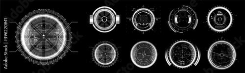 FUI black and white elements. Military crosshair in gun. HUD aim of sniper weapon or futuristic game target. UI, GUI virtual gadgets. Template - viewfinder, sniper score, optical aim HUD and other.