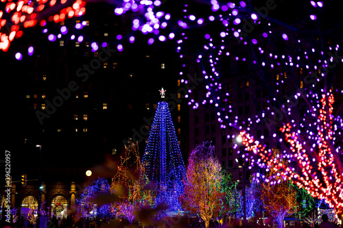 Winterfest 2020 in Cleveland with Christmas tree and other illuminated colorful decoration.