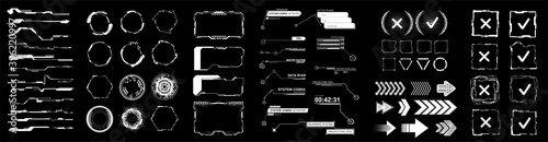 Collection HUD elements - Circle tech frame, Callouts titles, bar labels, buttons, frame screens, arrows and other. UI, UX, KIT design elements in HUD, FUI style for VR, Web design and App. Vector HUD