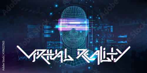 Virtual reality cyberspace with human or AI hologram. 3D Polygon head of a man with virtual reality glasses with HUD, GUI interface. Futuristic banner VR with lettering. Blue vector illustration