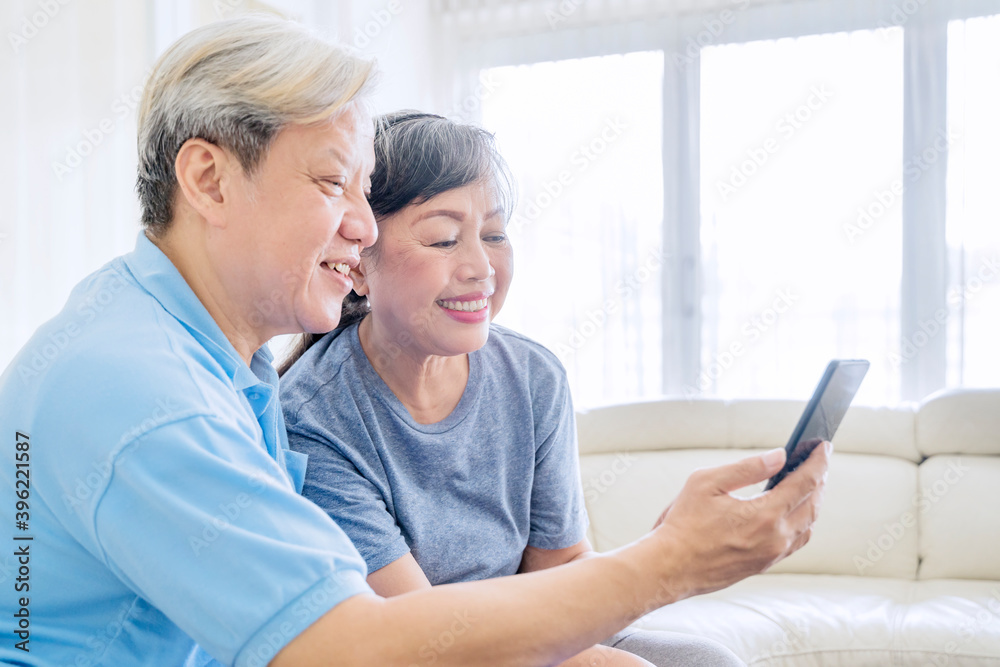 Obraz premium Elderly couple making video call by using cellphone