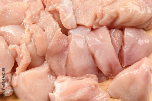 large pieces of chicken meat, the process of cooking shish kebab close-up