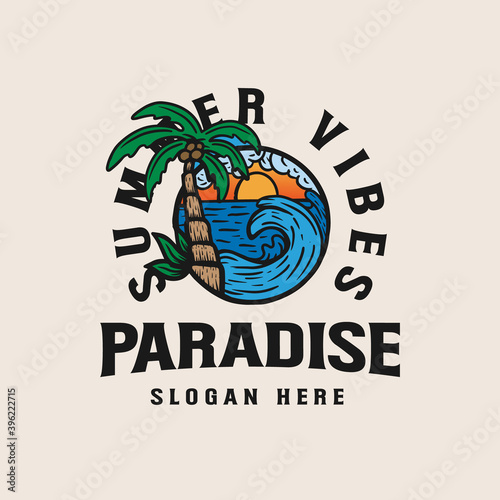 Seaside resort vacation vector lineart illustration. Lineart palm trees on beach badge logo illustration