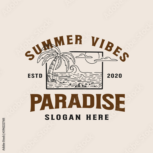 Seaside resort vacation vector lineart illustration. Lineart palm trees on beach badge logo illustration