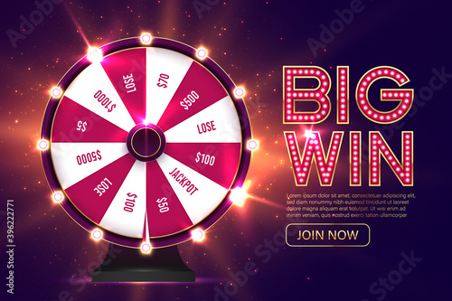 Casino spinning fortune wheel vector banner template. Rotating roulette, lottery game poster layout. Jackpot Big Win lightbulbs glowing sign. Gambling business. Game of luck playing photo