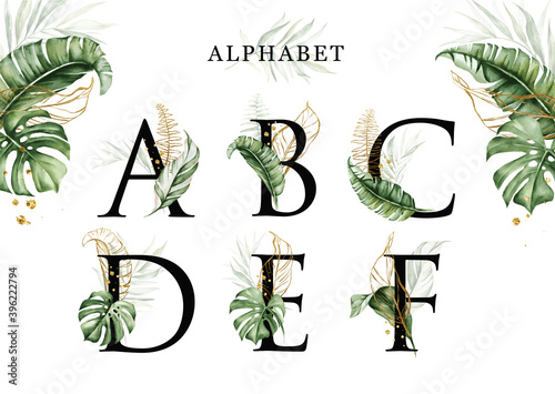 Alphabet set of A  B  C  D  E  F with tropical leaves watercolor and gold leaves. For logo, initial name, branding, card, identity, etc.