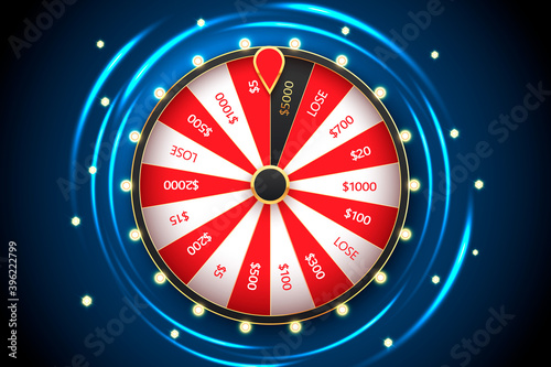 Casino spinning fortune wheel vector banner template. Rotating roulette, lottery game poster layout. Jackpot Big Win lightbulbs glowing sign. Gambling business. Game of luck playing