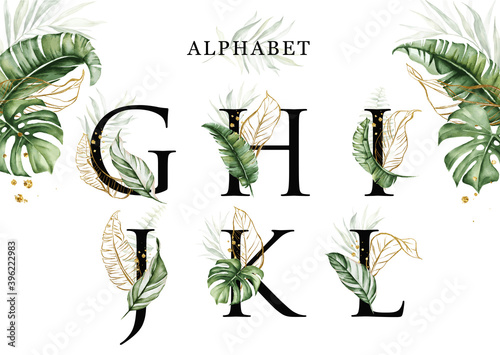 Alphabet set of G  H  I  J  K  L with tropical leaves watercolor and gold leaves. For logo, initial name, branding, card, identity, etc.