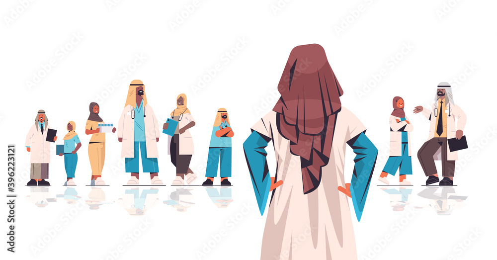 Obraz premium team of medical professionals arabic doctors in uniform working together medicine healthcare concept horizontal full length vector illustration