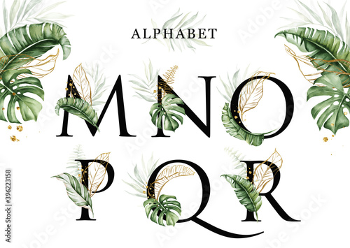 Alphabet set of M  N  O  P  Q  R with tropical leaves watercolor and gold leaves. For logo, initial name, branding, card, identity, etc.