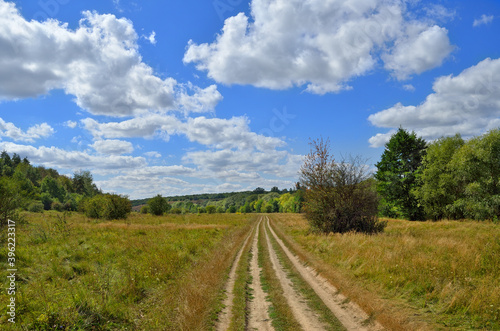 Path on a green meadow against a blue sky