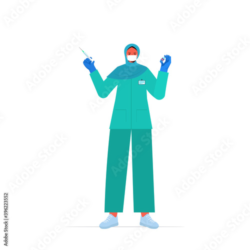 female doctor in medical mask holding syringe and bottle vial coronavirus vaccine development fight against covid-19 concept full length vector illustration