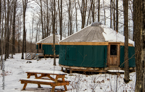 Yurt with snow with trees in winter
