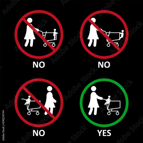 Rules using of shop cart. Using shopping trolley with children. Correct and wrong usage of shopping trolley. Vector