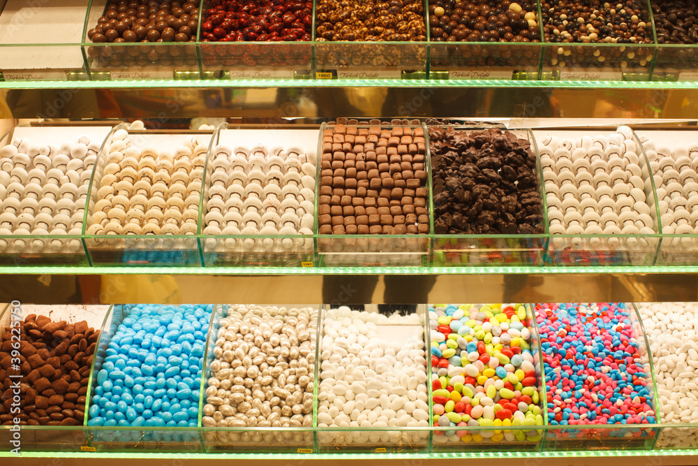 different tasty candies in candy shop