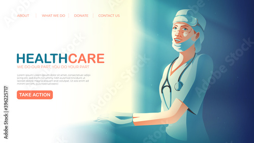 landing page template in vector illustration of healthcare service featuring the smiling tireless healthcare worker taking rest aside from the window