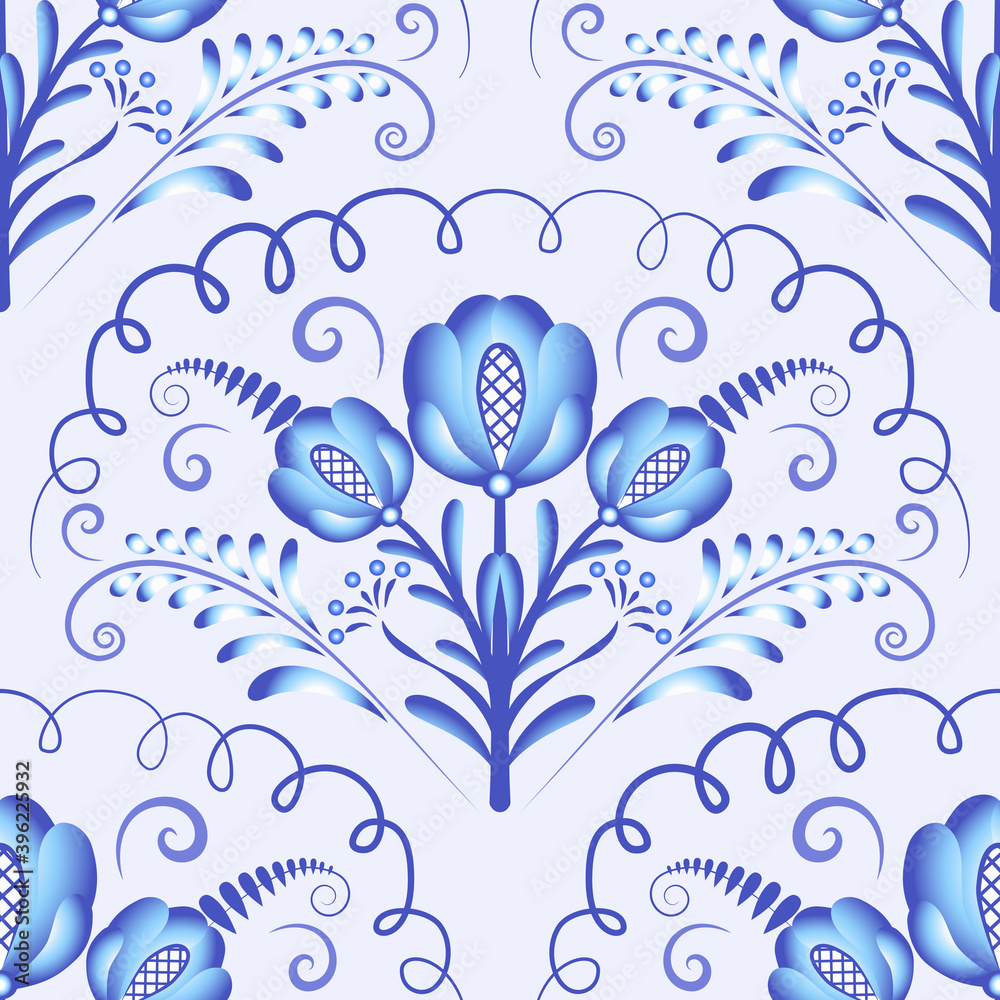 Seamless pattern of light blue big flowers and elements. Repeating floral pattern. Decorative pattern of flowers in the style of Chinese painting on porcelain. Seamless pattern of light blue big flowers and elements. Repeating floral pattern. Decorative pattern of flowers in the style of Chinese painting on porcelain.