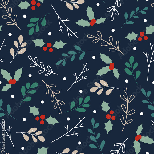 Christmas Berries, Branches, and Leaves Seamless Pattern