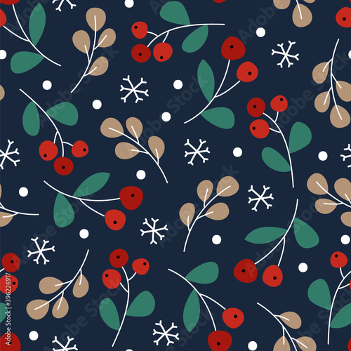 Christmas Berries, Leaves, and Snowflakes Seamless Pattern