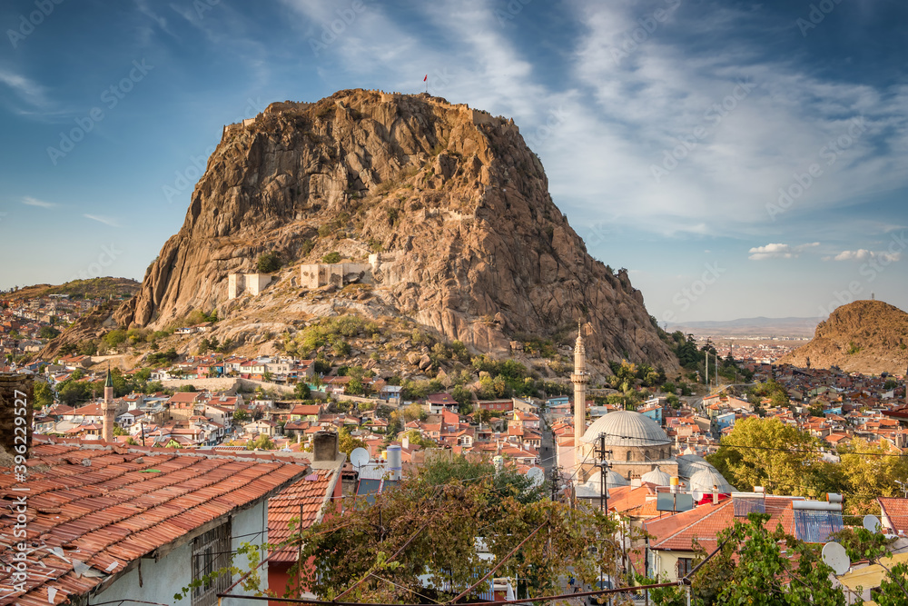 Afyonkarahisar city cityscape with Afyon castle on the rock, Turkey