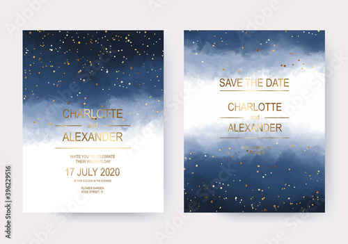 Navy blue gradient watercolor wedding invitation cards with gold dust confetti.