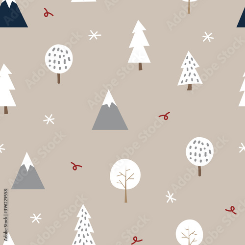 Winter Tree and Mountain Seamless Pattern
