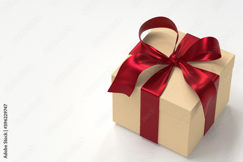 Fototapeta premium Cream gift box 3d with red ribbon and bow on white background