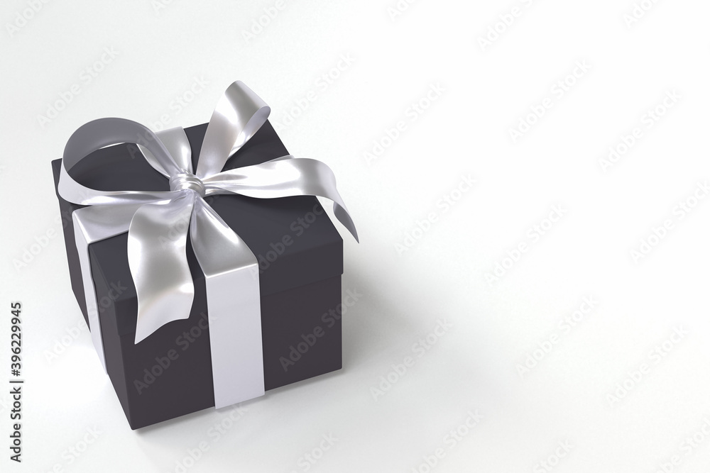 Obraz premium black gift box 3d with silver ribbon and bow on white background