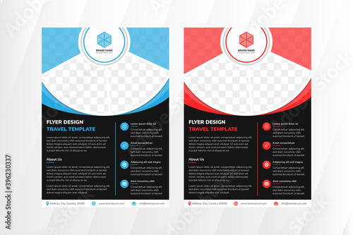 abstract geometric flyer design template use black background and color element. mosaic space for photo collage. blue and red colors of element. vertical layout. 