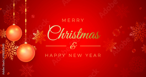 Merry Christmas and Happy New Year, Red Christmas banner with trinkets and snowflakes decoration