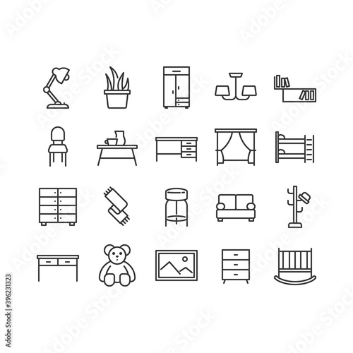 Simple furniture line icon set. Contains such Icons as  Chair, Children's Bed, Ceiling Lamp and more. Crafted at 64x64 2px stroke. Editable stroke.
