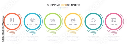 Concept of shopping process with 6 successive steps. Six colorful graphic elements. Timeline design for brochure, presentation, web site. Infographic design layout.