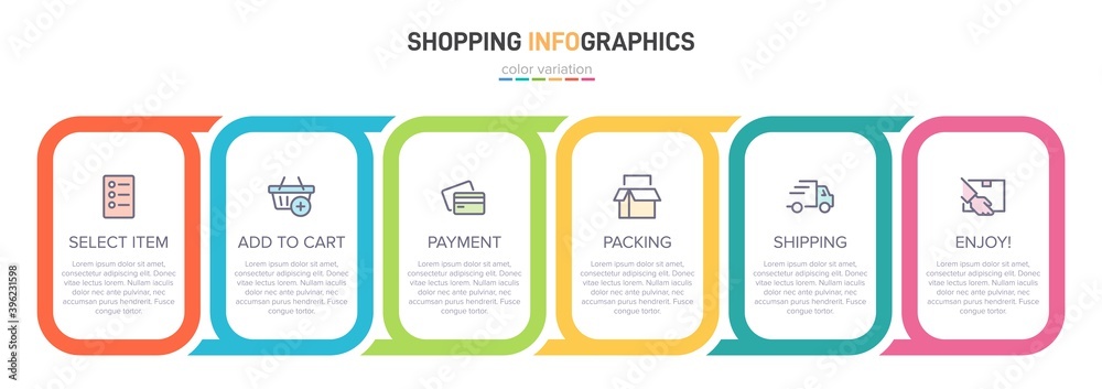 Concept of shopping process with 6 successive steps. Six colorful graphic elements. Timeline design for brochure, presentation, web site. Infographic design layout. Concept of shopping process with 6 successive steps. Six colorful graphic elements. Timeline design for brochure, presentation, web site. Infographic design layout.