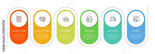 Concept of shopping process with 6 successive steps. Six colorful graphic elements. Timeline design for brochure, presentation, web site. Infographic design layout.