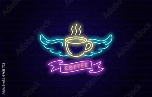 Colored neon illustration coffee cup, wings, ribbon with text on a background with bricks. Vector illustration for poster, flyer, neon sign. Advertising of coffee, shop, bar.