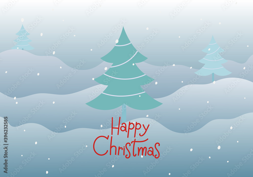Winter snowfall and Christmas Tree on blue background. Christmas card and New Year background. Vector illustration