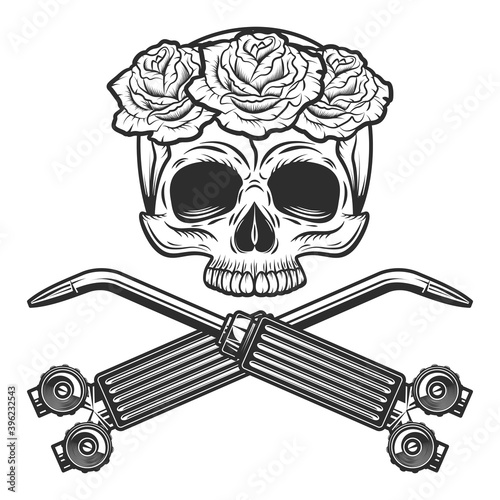 Vintage monochrome welder skull builder from new construction with rose and crossed gas welding torch tool isolated vector illustration