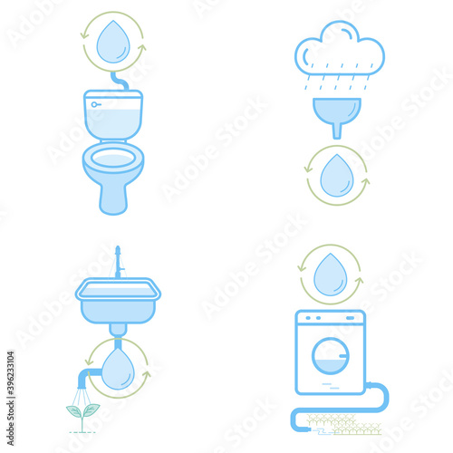 How to reuse water at home infographic symbol set. Vector illustration outline flat design style.