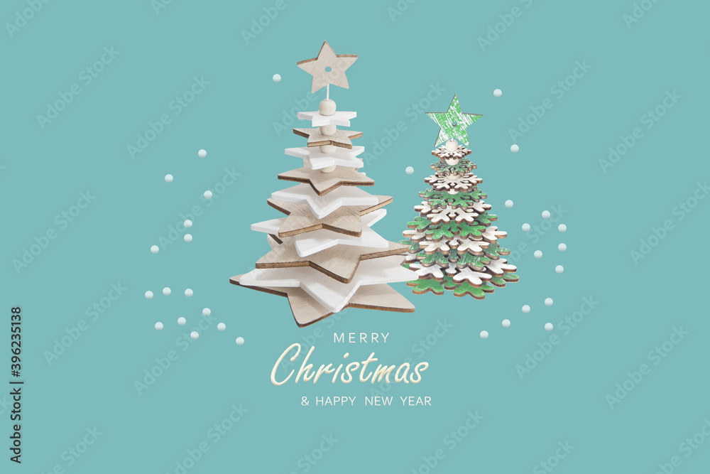 Christmas card. Xmas Festive composition with Christmas tree, decorative items. New Year decoration elements. Creative holiday invitation template.