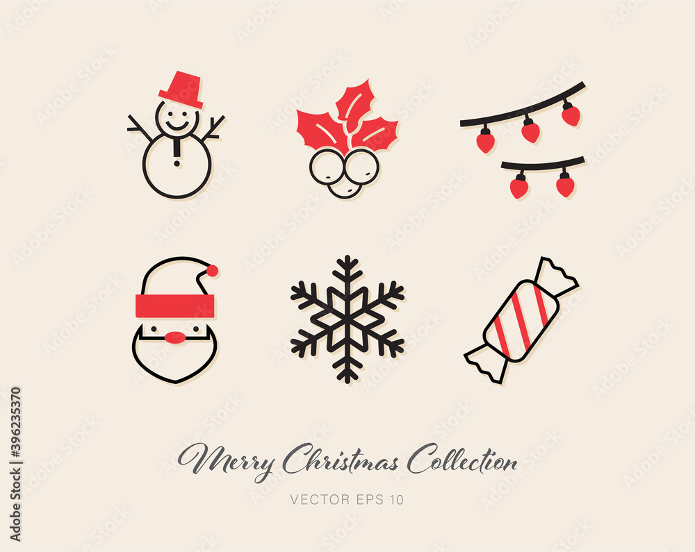 Beautiful Christmas outline flat icon pack of 6 designs on beige background