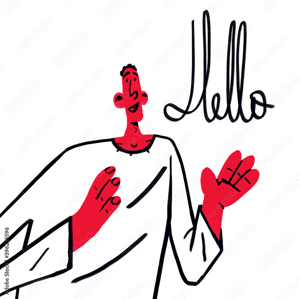 Funny guy say hello. Vintage Cartoon Clipart with flat design and primary  color. Sketch with Bold line and 50s style. Welcome concept isolated on  white. Stock Illustration | Adobe Stock