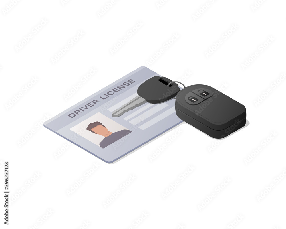 Driver license and car key. Isometric vector illustration. Isolated on white background. Driver license and car key. Isometric vector illustration. Isolated on white background.