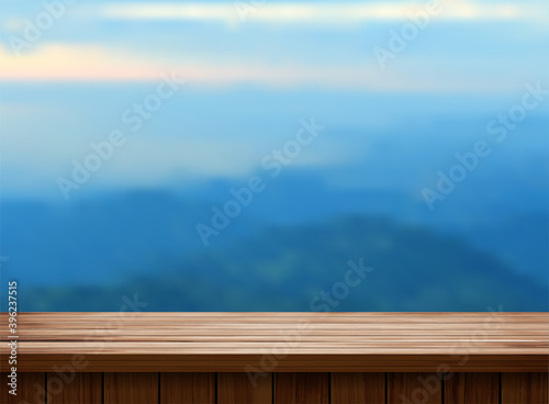 Vector wood table top and blurred of mountain landscape