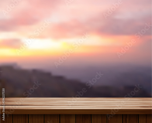Vector wood table top and blurred of mountain landscape