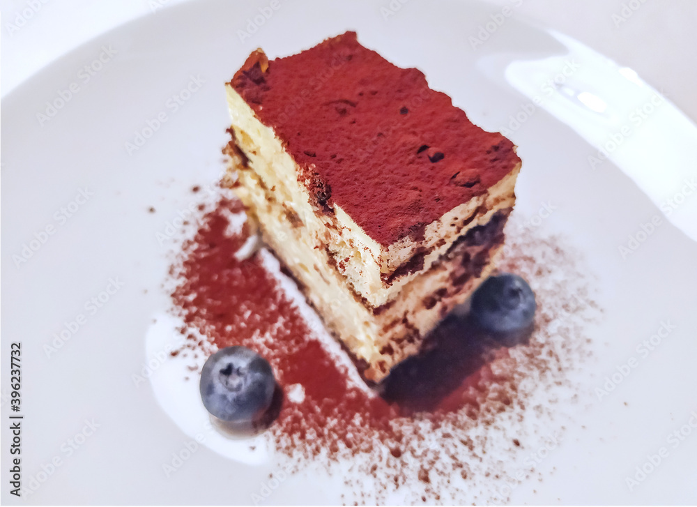 Tiramisu dessert, Italian Dessert consisting of layers of sponge cake soaked in coffee and brandy or liquor with powdered chocolate and mascarpone cheese. Selective focus Tiramisu dessert, Italian Dessert consisting of layers of sponge cake soaked in coffee and brandy or liquor with powdered chocolate and mascarpone cheese. Selective focus