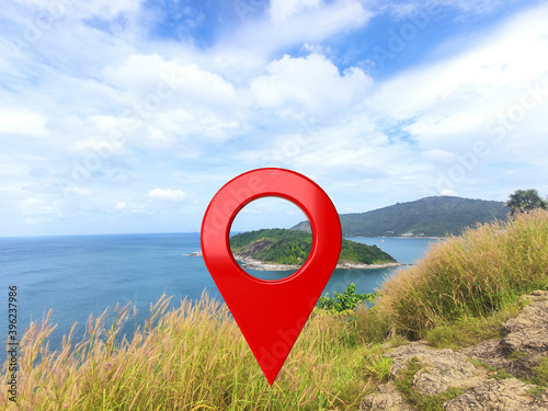 Locations or red pins indicate the location of various tourist attractions in Phuket. South of Thailand 3D illustrations - Illustration 