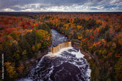 Fototapeta Naklejka Na Ścianę i Meble -  Incredible aerial photograph of the upper waterfall cascade at Tahquamenon Falls with beautiful colorful autumn foliage on the trees with green, yellow, red and orange leaves surrounding the river.