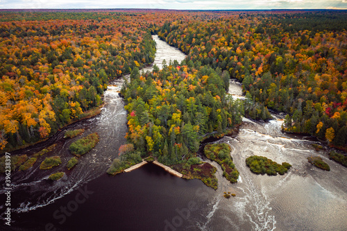 Cuadro en lienzo Beautiful aerial of the lower waterfall cascades on the Tahquamenon River surrounded by evergreen and fall foliage colored deciduous trees with yellow, green, red and orange leaves in Upper Michigan